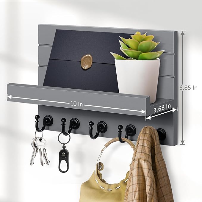Key and Mail Holder for Wall: Rustic Key Hanger Key Rack Organizer with 5 Sturdy Key Hooks for Entryway Bedroom Kitchen House Decor (Grey)