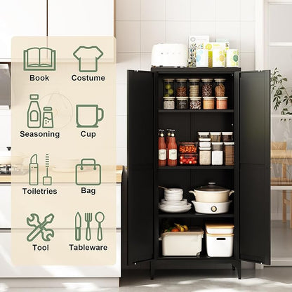 65"Tall Kitchen Pantry Storage Cabinet,Black Metal Storage Cabinets with Doors and Adjustable Shelves,5 Tier Freestanding Kitchen Cupboard for Dining Room Office Bathroom (Black, 65"H x 13"D x 27"W)