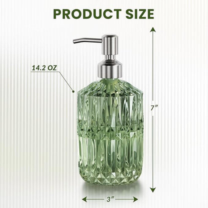 AmazerBath Soap Dispenser, 2 Pack Green Glass Soap Dispenser with Pump Stainless Steel, 14.2OZ Refillable Hand Soap Bottles Bathroom Kitchen