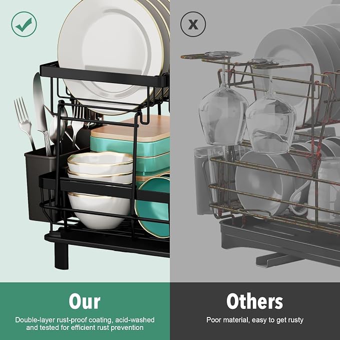 MOUKABAL Dish Drying Rack, Dish Rack, Stainless Steel Dish Racks for Kitchen Counter, Dish Drainer with Removable Utensil Holder, Drainboard (Black,2 Tier,13''W x 17''L)