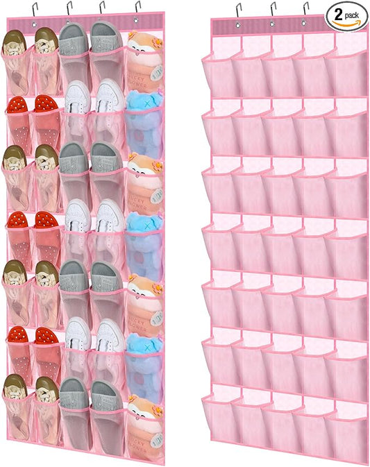 Windyun 2 Pcs 70 Large over The Door Shoe Organizer Hanging Shoe Rack for Closet Holder Pink Mesh Pockets Back to School Behind Door Hanger Storage Nonslip for Home Room School Dorm, Each 35 Pockets