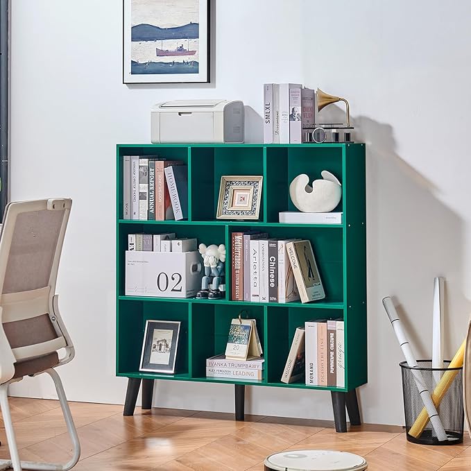 LEYAOYAO 8 Cube Bookshelf,3 Tier Bookcase with Legs,Dark Green Mid-Century Modern Bookshelves,Large Open Storage Organizer Shelf, Wooden Book Case