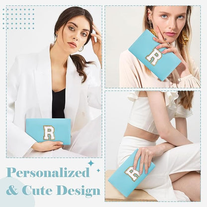 Small Personalized Initial A-Z Preppy Patch Makeup Bag,PU Chenille Letter Travel Cosmetic Pouch with Zipper,Blue Cute Toiletry Bag,Gift Ideal for Teen Girls Women Teacher Bridesmaid,Letter R