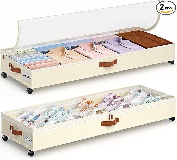 Yecaye 85 L Under Bed Storage with Wheels, 2 Pack Under Bed Storage Containers with Adjustable Dividers & Lids, Large Rolling Underbed Organizer Bins Drawers for Clothes, Shoes, Blankets Toys, Beige