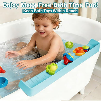 Bathtub Splash Guard for Tub Kids- 31" Extra Long Silicone Bath Play Shelf, Toy Tray & Caddy Holder, Prevent Water Spills & Messy Floors, Tub Edge Guard for Bathroom- Blue