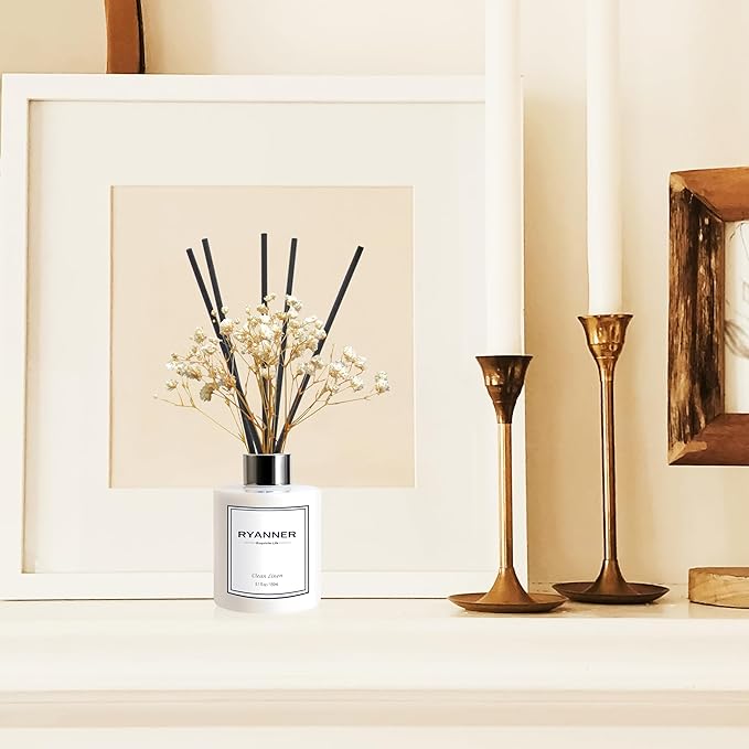 RYANNER Reed Diffuser Set,5.1 fl oz Clean Linen Scent Diffuser with Sticks Home Fragrance Reed Diffuser with Essential Oil for Bathroom Shelf Decor&Air Freshener,Home Bathroom Office Decor & Gifts