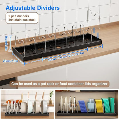 Mustorn 2 Pack Pots and Pans Organizer under Cabinet, 22" Expandable Food Storage Container Lid Organizer with 9 Adjustable Stainless Steel Dividers, ABS Base, Countertop Rack, Black
