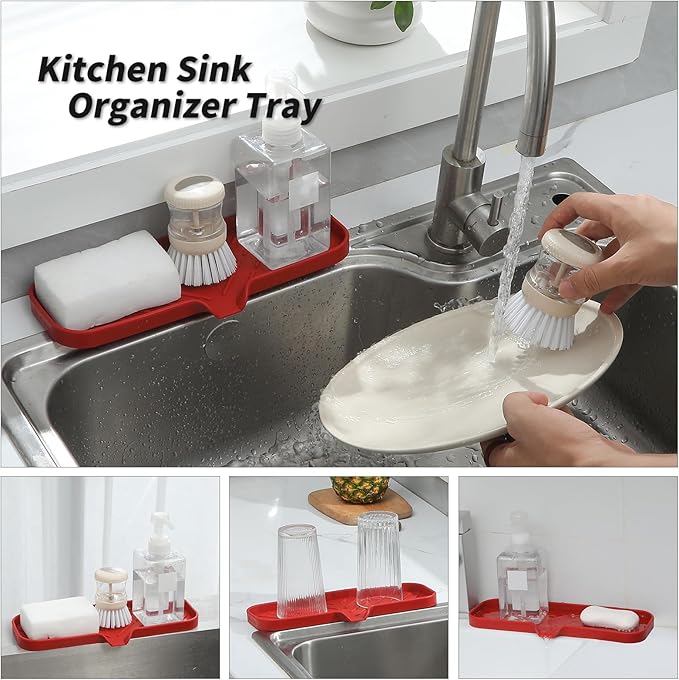 MicoYang Silicone Soap Dish with Drain Spout — Self-Draining Double Sink Organizer Tray for Kitchen & Bathroom, Dispensers, Sponges & Soap Holder, Non-Slip & Dishwasher Safe, Red (Large, 12"×4")