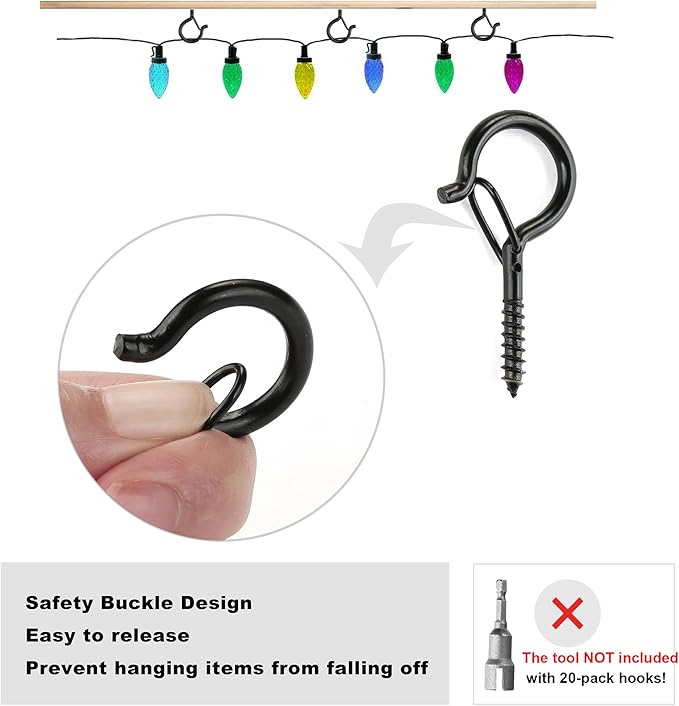 PlusRoc 20 Pack Screw Hooks for Hanging Christmas Lights Outdoor Seasonal Lighting, Heavy Duty 2.2 Inch Eye Hook Screw Cup Ceiling Hook Q-Hanger for Patio Lights, Wall Wood Ceiling Deck Mount(Black)