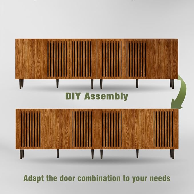 Storage Cabinet, 94.4" Freestanding Buffet Cabinet with 6 DIY Doors and Adjustable Shelf,Modern Sideboard Coffee Bar with Solid Wood Feet for Living Room,Dining Room,Kitchen,Walnut,Set of 2