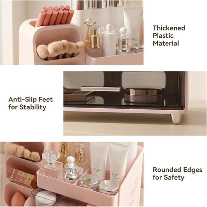 Brothersbox Makeup Organizer with Brush Holder for Vanity, Large Countertop Skincare Storage with 2 Drawers, Holds Lipsticks, Nail Polishes, Perfumes, Brushes - Gift for Women, Pink