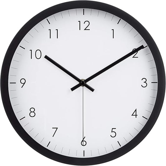 Amazon Basics Classic 12" Round Wall Clock, Easy to Read, Silent Non Ticking, Battery Operated, Black