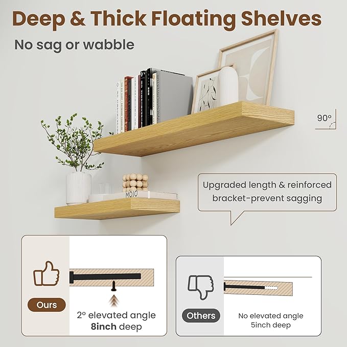 55 Inch Floating Shelves for Wall, 8 Inch Deep Floating Shelf for Storage & Display, Rustic Wall Mounted Shelf with Invisible Brackets for Living Room, Kitchen, Bathroom, Home Decor, Set of 2, Oak