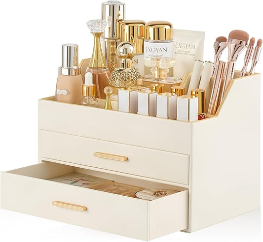 Lolalet Makeup Organizer for Vanity Desk, 3-Layer PU Leather Luxury Make Up Storage Cosmetics Holder Box with Drawers -Beige