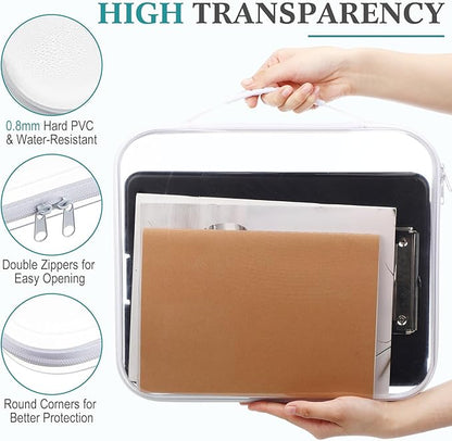 Sanwuta 4 Pcs Clear Hard Zipper Case with Handle Office Storage Cases Hard Plastic Pouches Transparent Bins for Crafts, Snacks, Cosmetics, Puzzles(13.8 x 11.8 x 2 Inches,White)