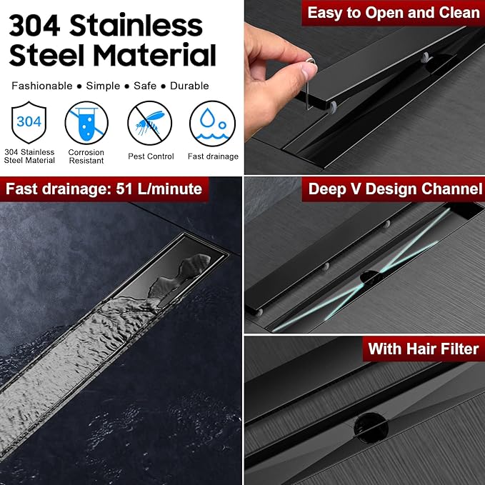 DLONE Linear Shower Drain | 60" AISI 304 Stainless Steel Linear Drain, Matte Black Shower Drain with Tile Insert Panel & Adjustable Feet, Long Rectangle Shower Floor Drain in Bathroom, Balcony, etc