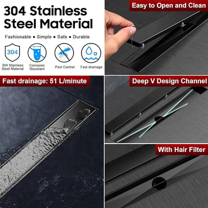 DLONE Linear Shower Drain | 36" AISI 304 Stainless Steel Linear Drain, Matte Black Shower Drain with Tile Insert Panel & Adjustable Feet, Long Rectangle Shower Floor Drain in Bathroom, Balcony, etc