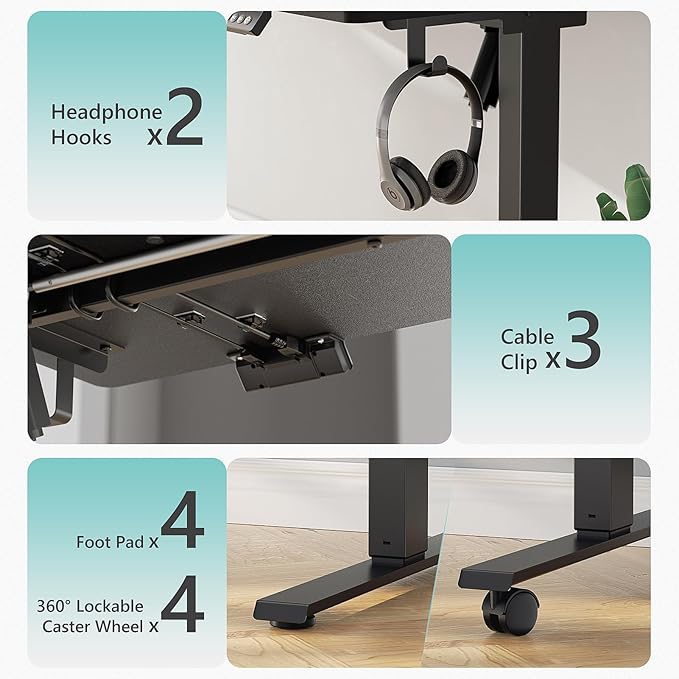 63 x 28 inch Electric Standing Desk Adjustable Height with 4 Wheels, 4 Memory Height Settings, 2 Headphone Hook, for Home Office, Splice Board Black