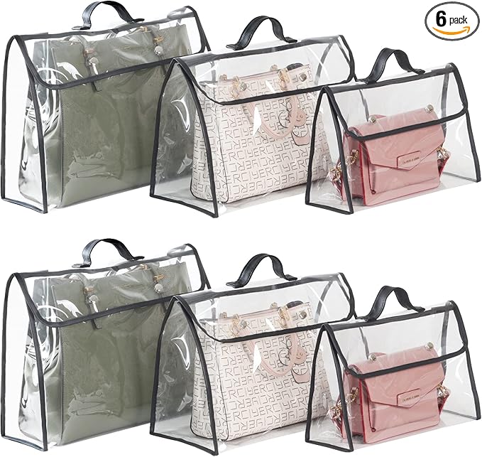 Univivi 6 Pack Dust Bags For Purses and Handbags,Clear Dust Covers Bag Organizer Closet Organizer System,Bedroom Handbag Organizer, With Magnet Button & Leather Handle (3 Size)