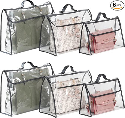 Univivi 6 Pack Dust Bags For Purses and Handbags,Clear Dust Covers Bag Organizer Closet Organizer System,Bedroom Handbag Organizer, With Magnet Button & Leather Handle (3 Size)
