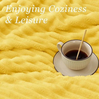 BEDELITE Fleece Throw Blanket for Couch - 300GSM Soft & Warm Fluffy Custard Yellow Blanket, Decorative and Giftable Striped Blankets for Women, Men, 50"x60"