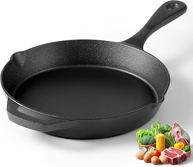 Cast Iron Skillets, 9.5 Inch Frying Pan with Teardrop Handle, Oven Safe, Durable Camping Cookware for Stove & Grill Use, Indoor/Outdoor