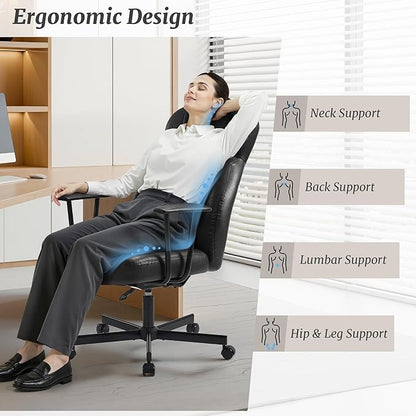 High Back Office Desk Chair, Breathable Ergonomic Leather Chair with 5-Layer Seat Cushion with 135°Reclining Lumbar Support Adjustable Height Rolling Swivel Executive Armrests Chair, Black