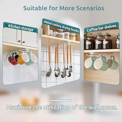 LiaMeE Sliding Mug Hooks Under Cabinet - Pull Out Coffee Cup Holder Rack with 12 Hooks, Metal Under Shelf Mug Organizer for Kitchen, Space Saving Hanging Storage (White，2PCS)