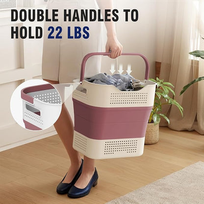 TECHMILLY Collapsible Plastic Laundry Basket Hamper with Handles, 35L Portable Rubber Clothes Basket, Pop Up Storage Container/Organizer with Hanging basket for Washing & Storage, Red
