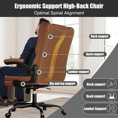 Ergonomic Office Chair with Flip-up Armrests 300lbs,Middle- Tall Computer Office Desk Chair with Lumbar Support,Executive PU Leather Chair with Rocking Function Adjustable Height for Home Office