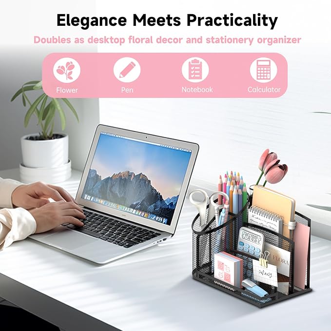 SUPEASY Desk Organizer with 3 Compartment Pen Holder, 3-Slot Mail Organizer and Flower Tube, Metal Mesh Bill Organizer for Pencil, Envelope, Letter and Office Supplies, Black