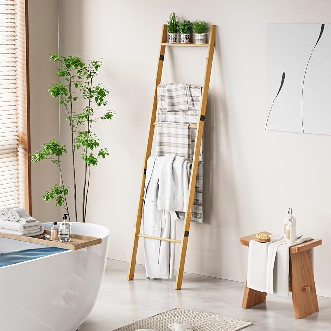 BAMBANG 6-Tier Blanket Ladder for Living Room, Blanket Quilt Ladder Rack Rustic Decorative Towel Holder, Wall Leaning Blanket Ladder Shelf Storage Farmhouse Decor for Bedroom Bathroom, Natural