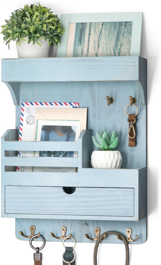 Rebee Vision Farmhouse Key Holder Wall Mount with Drawer Organizer – Pine Wooden Mail & Key Organizer with 6 Sturdy Hooks & Floating Shelf – A Perfect Touch of Style for Rustic Home Decor (Blue)