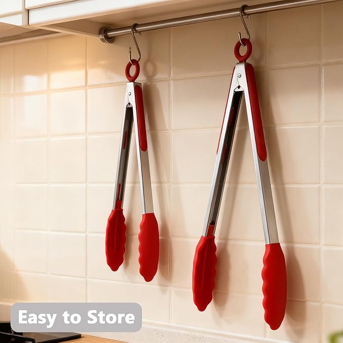 IOCBYHZ Kitchen Silicone Tongs for Cooking with Non-Slip Silicone Tips, 600°F Heat Resistant Cooking Food Tong Set Heavy Duty Stainless Steel Handle for Baking Grilling BBQ Serving, 2 Pack (9" & 12")