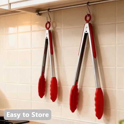 IOCBYHZ Kitchen Silicone Tongs for Cooking with Non-Slip Silicone Tips, 600°F Heat Resistant Cooking Food Tong Set Heavy Duty Stainless Steel Handle for Baking Grilling BBQ Serving, 2 Pack (9" & 12")