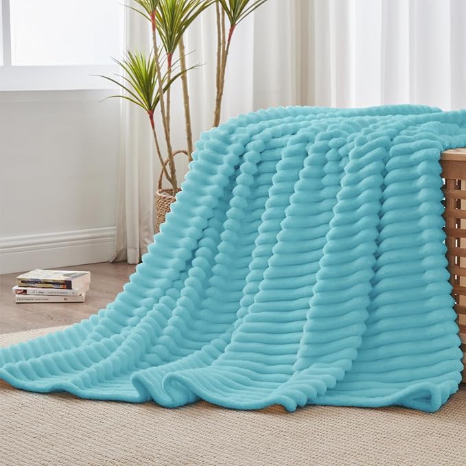BEDELITE Fleece Throw Blanket for Couch - 300GSM Soft & Warm Fluffy Sky Blue Blanket, Decorative and Giftable Striped Blankets for Women, Men, 50"x60"