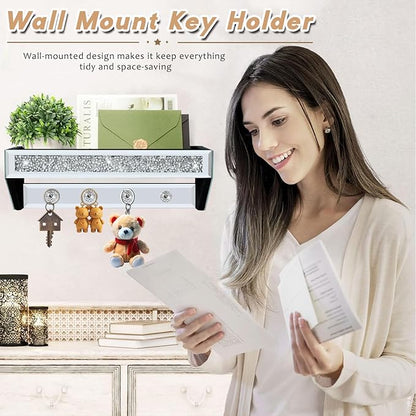 Crushed Diamond Wall Key Holder with Shelf, Crystal Mirror Wall Mounted Key Holder with Shelf for Entryway and Home Decor