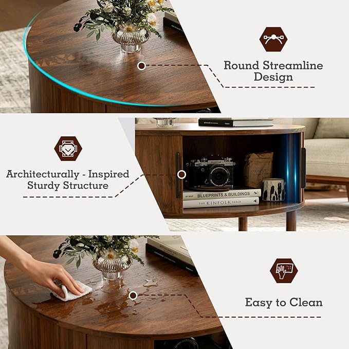 ZttRiee Coffee Table for Living Room, Modern Round Coffee Table with Cabinets & Sliding Doors, Home Small Space, 29.9" Fluted Center Table, Walnut