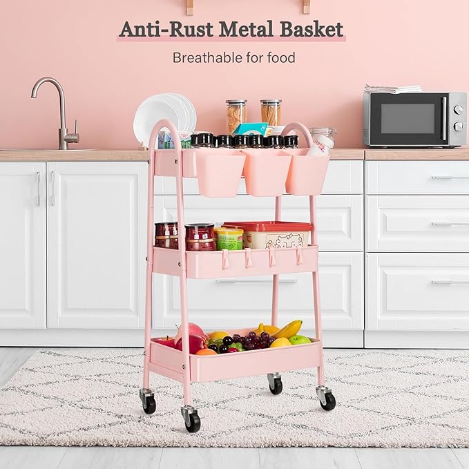 danpinera 3-Tier Rolling Cart, Utility Cart Mobile Metal Rolling Storage Cart with Lockable Wheels & Hanging Cups & Hooks for Kitchen, Bathroom, Office, Workshop, Pink