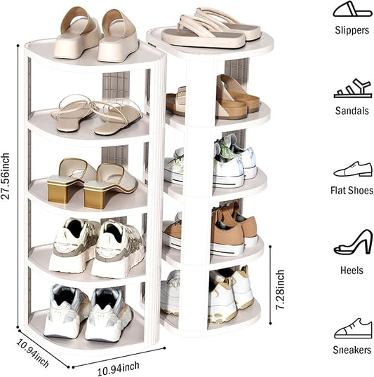 NestOrganix 10 Tier Vertical Shoe Rack, Stackable Narrow Shoe Rack Organizer for Entryway Closet Corner, Free Standing Shoe Rack Tower Shelf, Space Saving, Curved, Off White