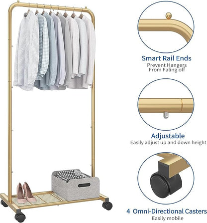Simple Trending Standard Clothes Garment Rack, Clothing Rolling Rack with Mesh Storage Shelf on Wheels, Golden Yellow