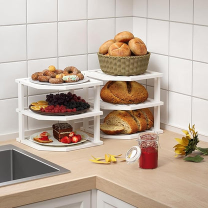 3 Tier Bamboo Corner Shelf(2 Pack),Dish Drying Rack,Plate Organizer,Kitchen Spice Rack for Countertop and Cabinet(White)