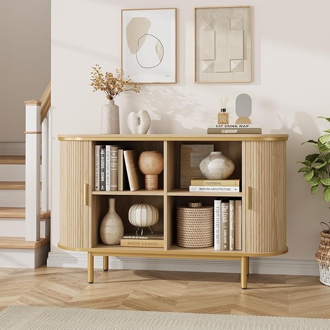 QUW Console Table with Sliding Tambour Doors, 47" TV Stand with Storage & Adjustable Open Shelves for TVs up to 55", Modern Entryway Table for Living Room, Foyer, Hallway, Natural Oak