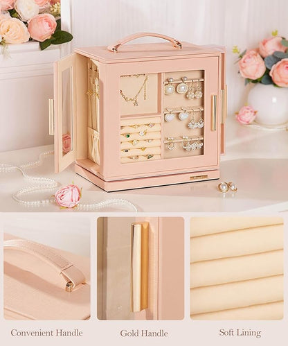 Homde Jewelry Box 360° Rotating, Necklace Earring Organizer with Transparent Window, Mirror, 7 Drawers, Large Ring Display Storage Case for Girls Women (Peach Pink)