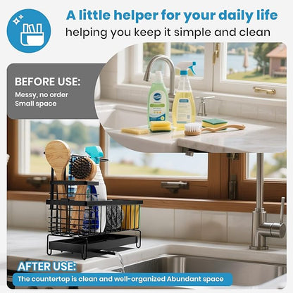 Tell Love Kitchen Sink Caddy, Sponge Holder with Towel Holder, Kitchen Holder for Sink with 360 Degree Rotating Drain, Carbon Steel Rustproof, Kitchen Sink Caddy Sponge Holder for Gadgets and Decor