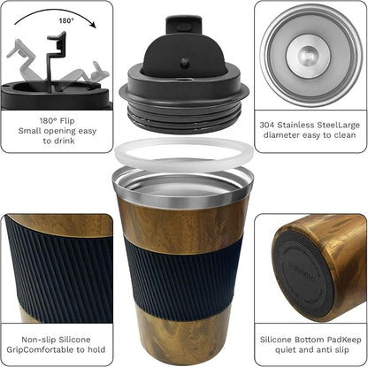 YINBAOGE Insulated Travel Coffee Mug, Spill & Leak Proof, Portable To Go Camping Stainless Steel Coffee Tumbler, Reusable Thermal Coffee Cup with Lid for Hot & Cold Drinks (Wood Grain, 12 OZ)