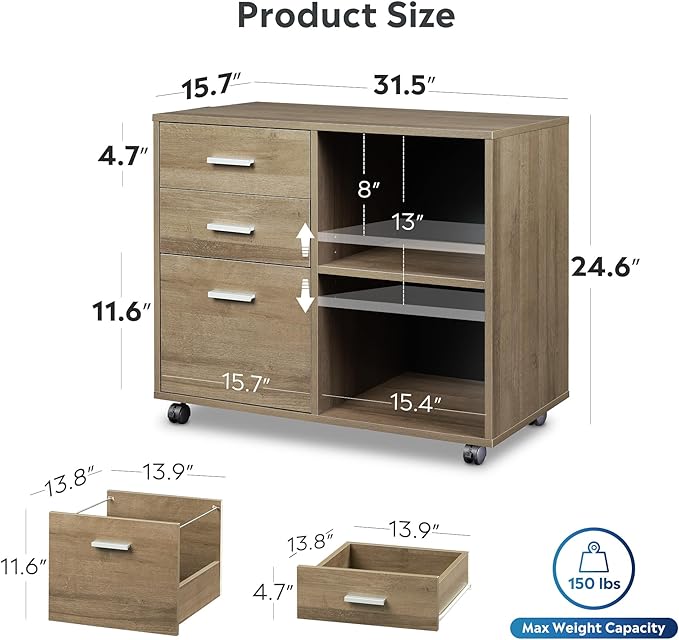DEVAISE 3 Drawer Mobile File Cabinet, Wood Lateral Filing Cabinet, Printer Stand with Open Shelves for Home Office, Gray Oak