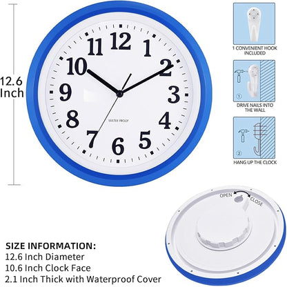 Caysie 12 Inch Sealed Indoor Outdoor Waterproof Wall Clock, Durable Silent Non-Ticking Battery Operated Quality Quartz Round Clock, Wall Decorative for Patio, Pool, Bathroom (Blue)