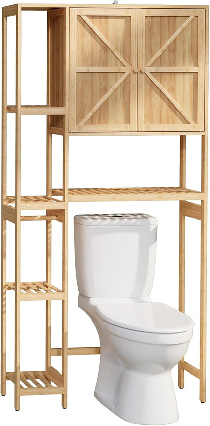 Bamboo Over The Toilet Storage, Above Toilet Organizer Storage Shelf Stand, Tall Freestanding Behind Toilet Rack, Tiered Bathroom Space Saver Shelving, Easy Assembly (Natural)