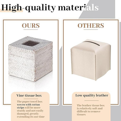 Kigley 2 Pcs Square Rattan Tissue Box Cover Boho Wicker Tissue Cube Box Cover 5.5'' x 5.5'' x 5.5'' Decorative Natural Wicker Hand Woven Napkin Box Holder Bathroom Office Car Accessories (White)